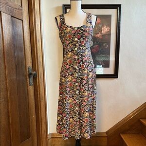 Vintage 80s 90s E.D. Michaels Floral Sleeveless Button Front Tie Back Dress